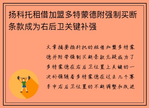扬科托租借加盟多特蒙德附强制买断条款成为右后卫关键补强 扬科托租借加盟多特蒙德附强制买断条款成为右后卫关键补强