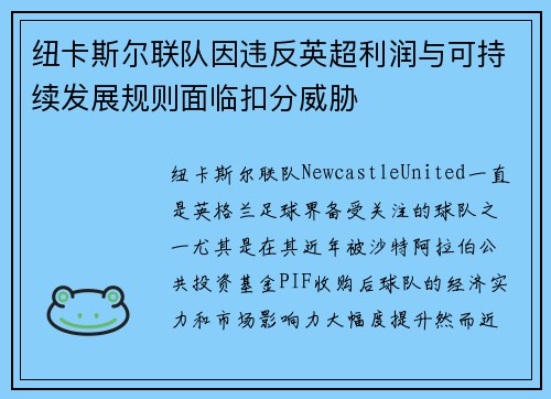 纽卡斯尔联队因违反英超利润与可持续发展规则面临扣分威胁